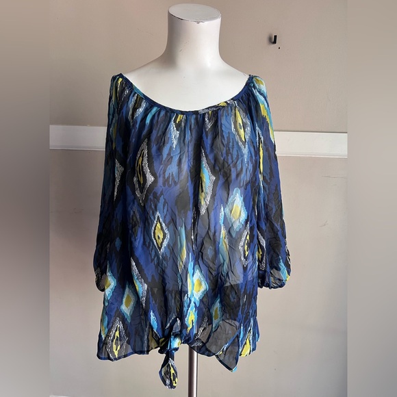West Kei Tops - West Kei Blue and Yellow Patterned Blouse